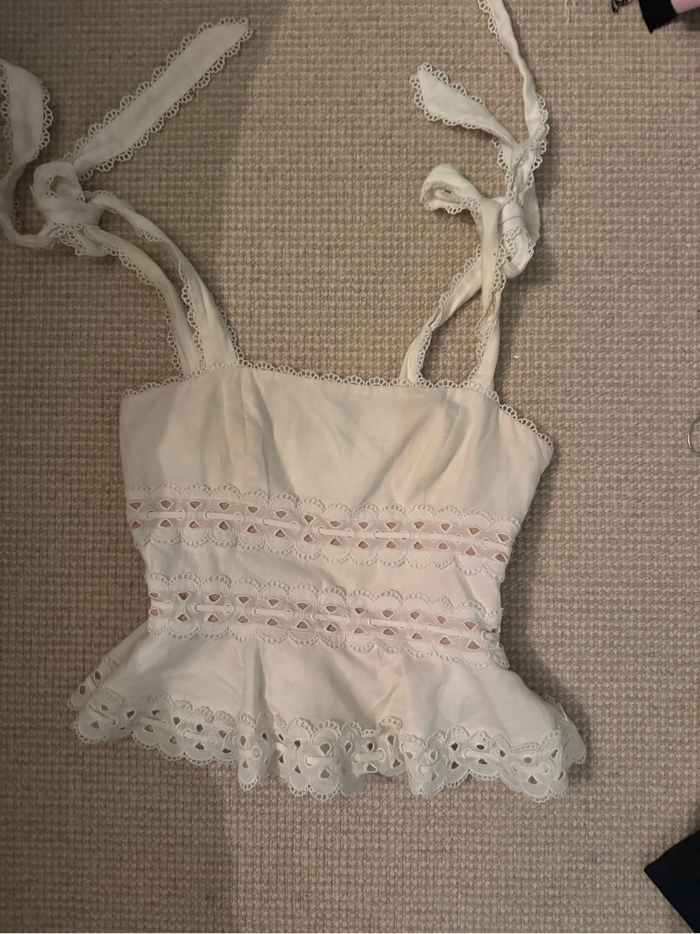 Zimmermann White Eyelet Tie-Shoulder Peplum Top